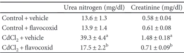 Table 1: Urea nitrogen and creatinine levels in mice exposed to cadmium chloride (CdCl 2 ; 2 mg/kg i.p.) plus vehicle, as compared