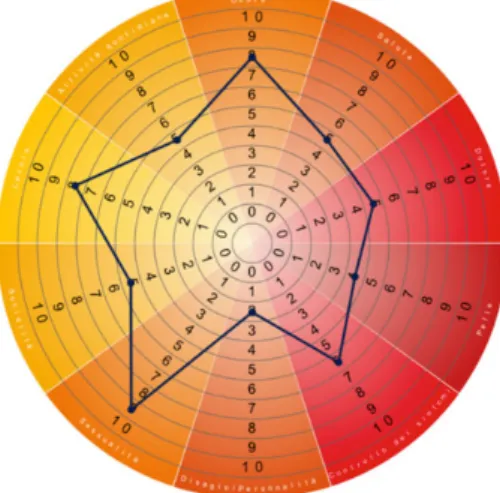 Figure 1 Example of a theoric HIDRAdisk score. Single scores are summed to give the total score and visually linked together to draw a polygon re ﬂecting the extension of the burden of the  dis-ease