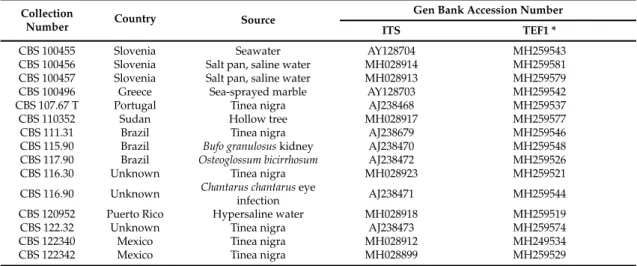 Table 1. Geographic origin, source of isolation, ITS and TEF1 accession numbers of Hortaea werneckii strains included in this study.
