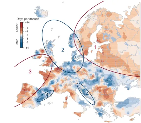 Fig. 1. Observed trends of river flood timing in Europe, 1960 –2010.The color scale indicates earlier or later floods (days per decade)