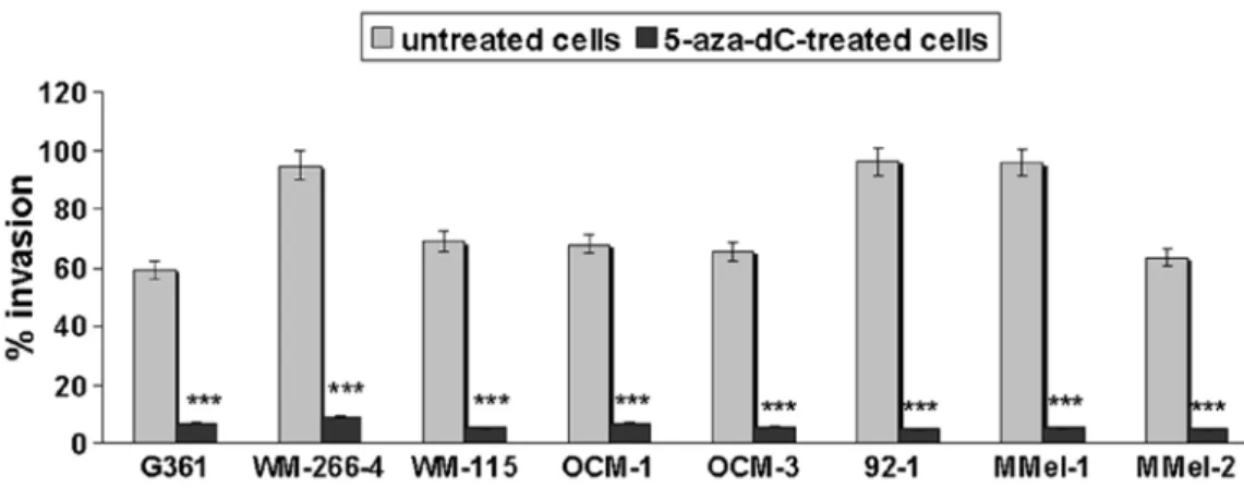 Figure 6. Reduced melanoma invasiveness after 5-aza-dC treatment. Invasive activity was evaluated by the Cultrex ®  BME cell invasion assay