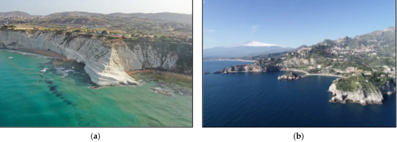 Figure 3. Spectacular cliff views by drone: at (a) Scala dei Turchi and at (b) Taormina Bay (with the snowy Etna 