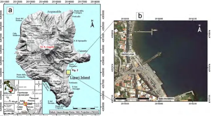 Figure 1. Sketch map of Lipari Island and location of the harbor installation.