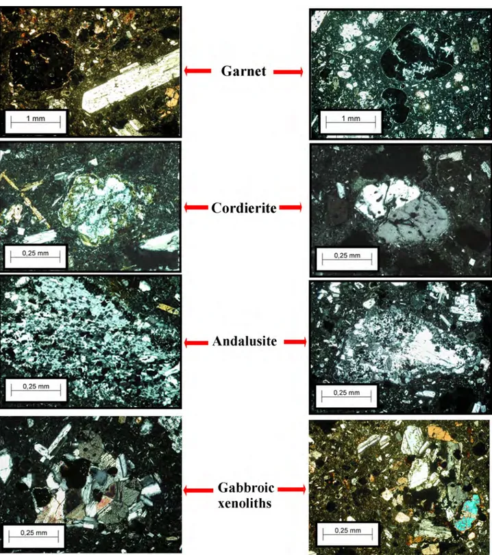 Figure 5. Comparison between photomicrographs (crossed nicols) of the studied samples and the cordierite-lava from Lipari Island.