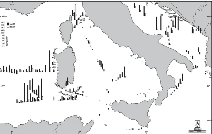Figure 1. Map of the central-western Mediterranean Sea showing the observed distribution of Anthropogenic (black bars) and Natural Marine Debris (white bars) densities (expressed as number of items/km 2 ) estimated
