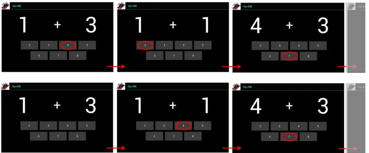 Figure 2.  Examples of the operation N-back (Op-NB) exercises. The upper panel represents the operation 0-back (N=0) level of difficulty, whereas operation 1-back (N=1) is shown in the bottom panel