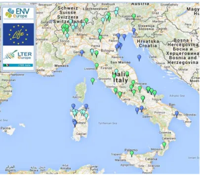 Figura 1. La rete LTER-Italia. I siti terrestri sono evidenziati in verde, 