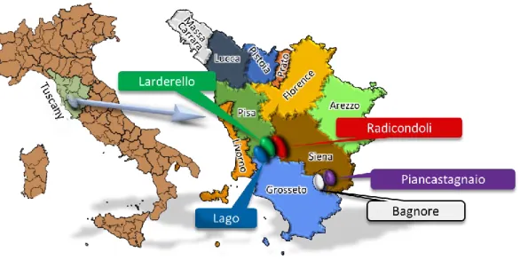 Figure 2 Map of the Italian Regions and geothermal identified subareas in Tuscany 