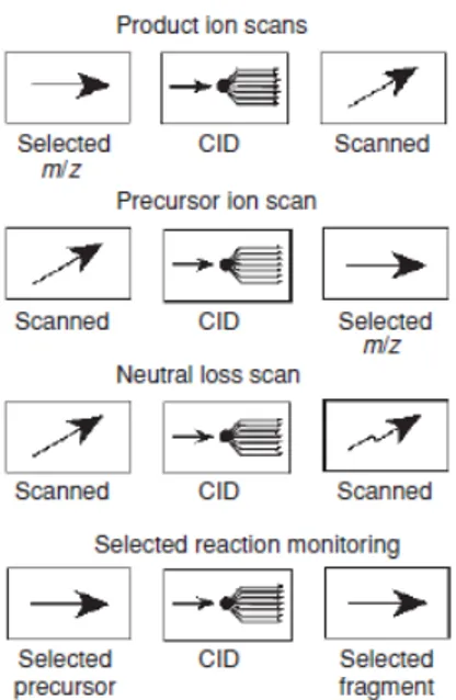 Figure 12: Graphic description of the main scan modes used in MS/MS (adapted from DeHofmann