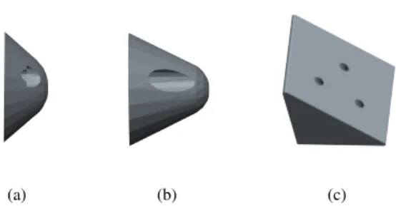 Figure 2.8: Three objects used to modify the profile of the contact surface (i.e., the ATI force sensor): rounded tip cones with heights (a) 8 mm and (b) 16 mm, used to obtain non-planar surfaces, and (c) a prism, used to obtain an inclined surface.