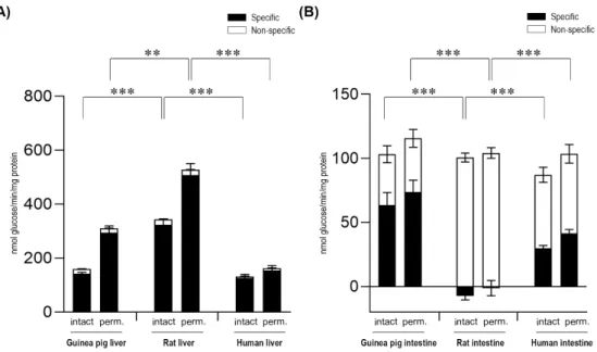 Figure 1. Glucose-6-phosphatase enzyme activity in the liver (A) and the intestine (B) with the 