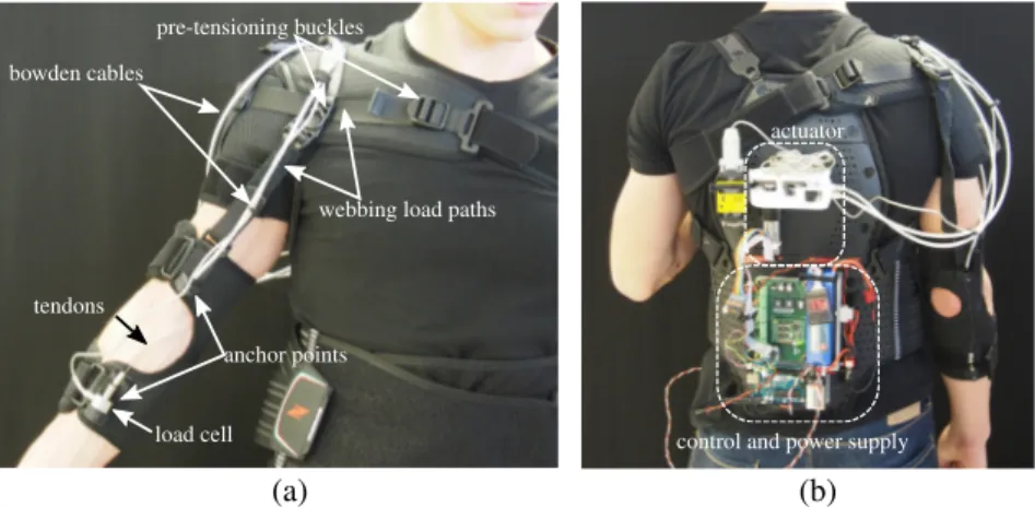 Figure 1.3: Anterior and posterior views of the exosuit for assisting elbow flex- flex-ion/extension motions