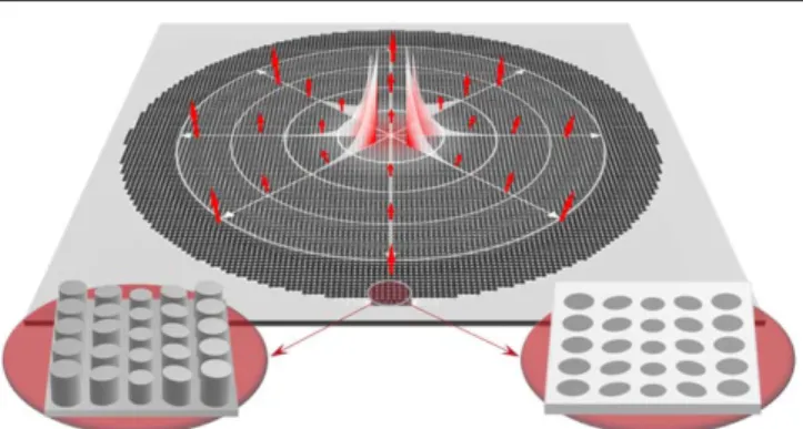 Figure 2. Metasurface antenna layout. An SW excited from the centre is gradually converted into a radiative LW by interacting with the MTS