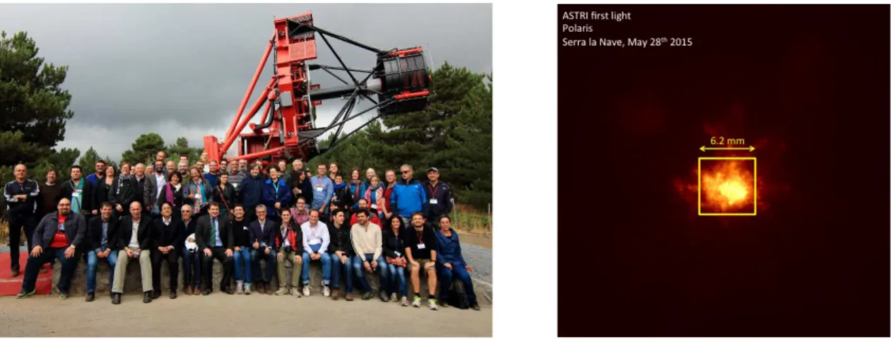 Figure 1. Left: the ASTRI Collaboration in front of the telescope during the official inauguration on 2014, September the 24th
