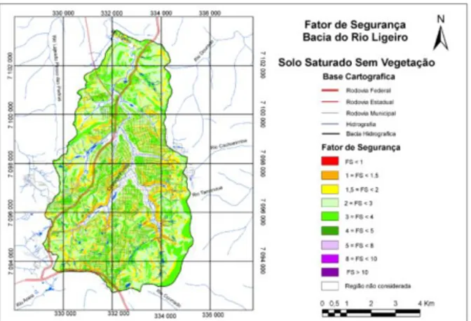 Figura 3. Mapa de Fator de Segurança do solo saturado, sem a influência da vegetação.  Fonte: Tabalipa (2008) 