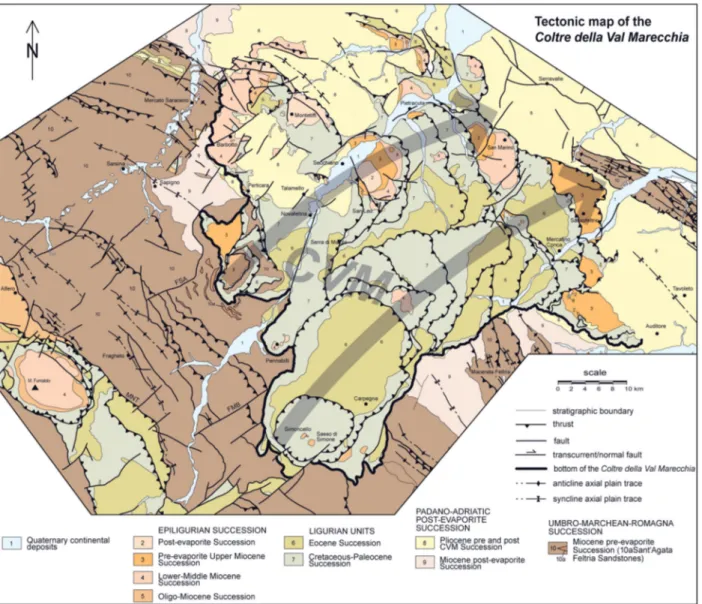 Figure 2. Stratigraphic map of the Marecchia Valley, with evidenced the CVM, formed by stacked slivers of Ligurian and Epiligurian units