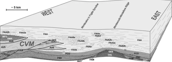 Figure 6. Sketch showing relationships between the Messinian-Pliocene deposits and the CVM in the southeastern part of the geo- geo-logical map