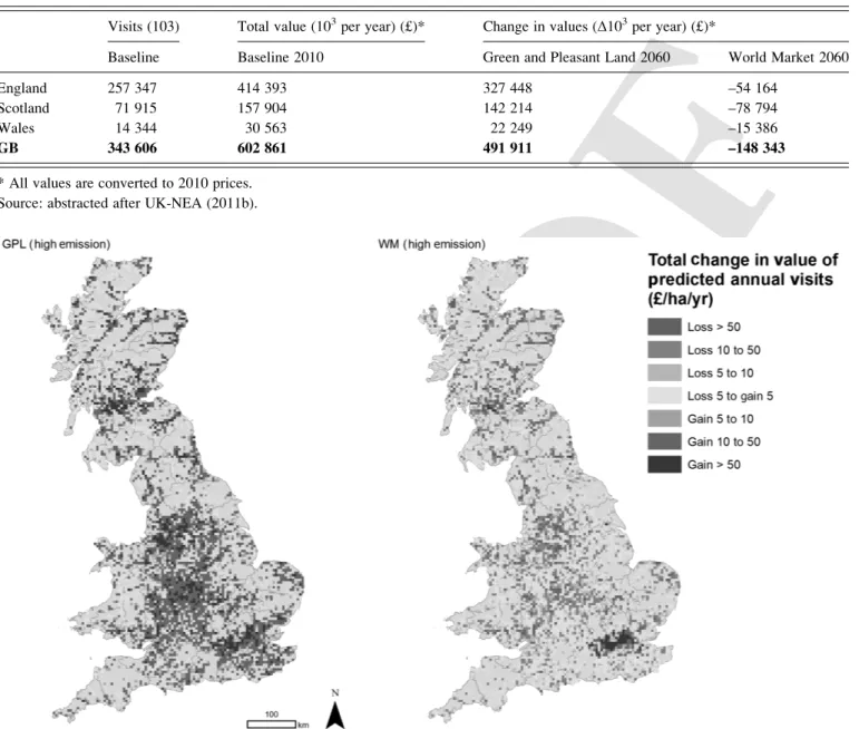 Figure 9.2 presents two maps with the spatial changes in the value of recreation under these two scenarios for sites with freshwater habitats