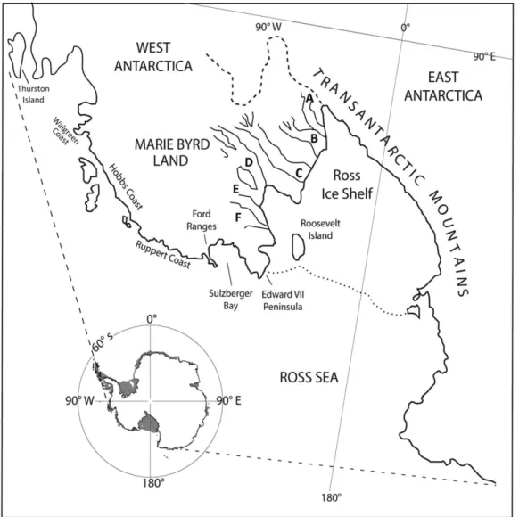 Figure 1. Geographic sketch map of the study area: Eastern Ross Sea and Marie Byrd Land