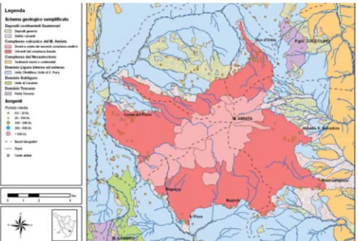 Fig 3. Schema geologico ed idrogeologico del M. Amiata - Geological and hydrogeological setting of M