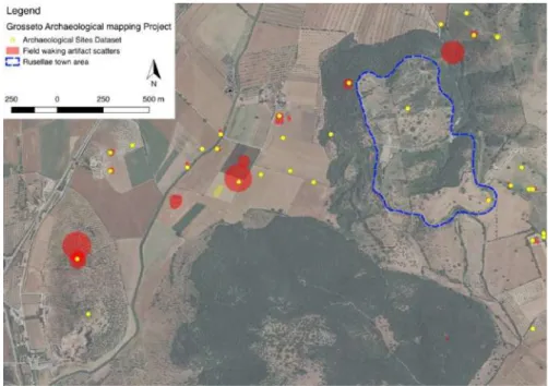 Figure 1 - Close up of the distribution map of sites detected by ‘traditional’ archaeological survey towards  the north-eastern end of the sample transect, at a scale of 1:10,000