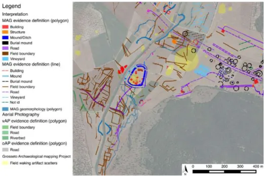 Figure 2 - Overlapping of the site distribution and archaeological mapping of magnetic measurements  (Mag) as well as oblique (oAP) and vertical (vAP) aerial photography