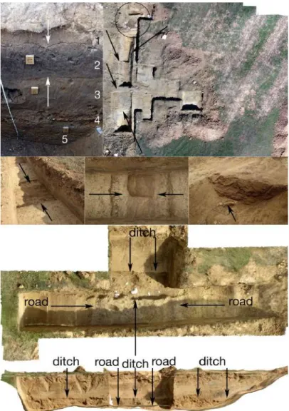 Figure  4  -  Targeted  small-scale  excavations near Rusellae. Top left:  section  of  trench  2000  showing  the  clearly  defined  topsoil  (1),  black  paleo-soil  (2),  and  natural  clay  deposit  mixed  with  other  natural  sediments  (3,  4,  5)