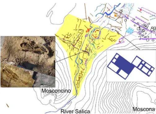 Figure 5 - The north-eastern part of the Rusellae study area: the yellow area represents the hypothetical  wetland or small lake bounded to the north by a workshop or productive centre dated by surface finds to  the  Roman  period  (inset  on  the  right) 