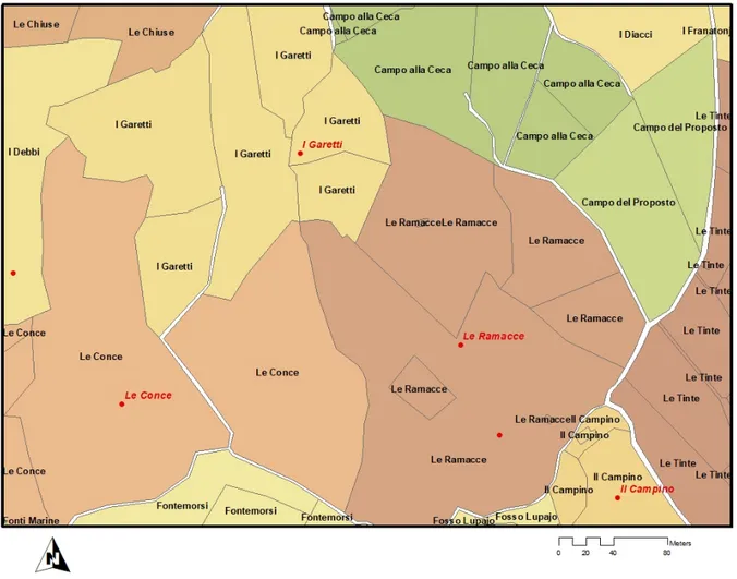 Figura 4 – Sovrapposizione del geodatabase dei toponimi storici di  Montescudaio (colore rosso) ai toponimi delle singole particelle (colore nero).