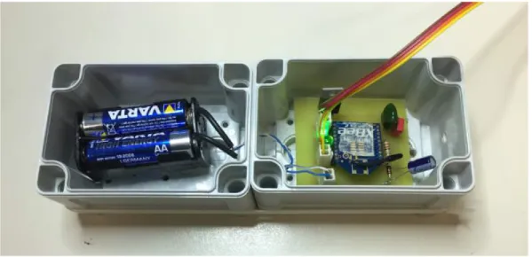 Figure 8. Prototype of the two boxes: batteries are in the left box and circuitry and RF module are in the right one.