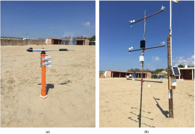 Figure 9. The nodes deployed on the Marina di Tirrenia beach, Pisa, Italy: (a) the sand trap and (b) the anemometer-anemoscope structure