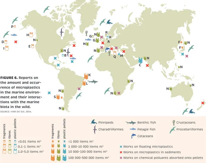 FIGURE 6. Reports on  the amount and  occur-rence of microplastics  in the marine  environ-ment and their  interac-tions with the marine  biota in the wild.