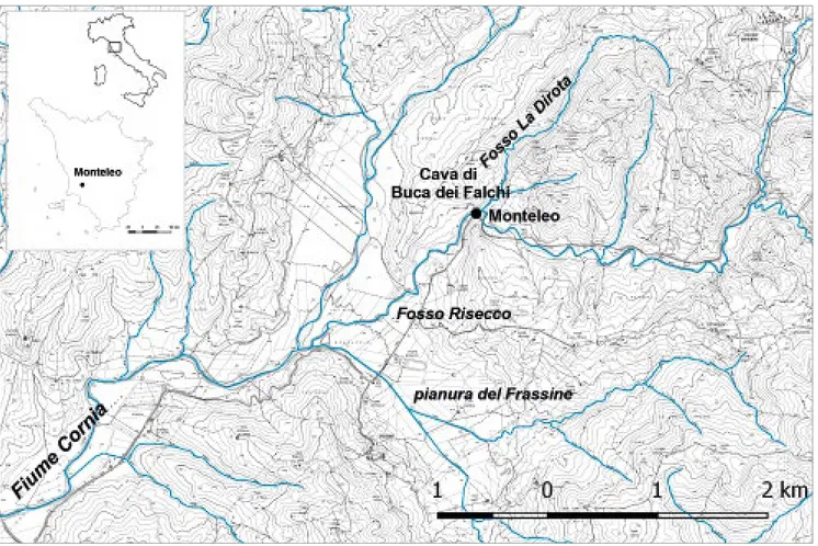 fig. 1 – Monteleo. Posizionamento del sito e localizzazione dei toponimi citati nel testo.