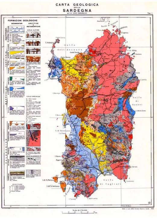 Figure 3. Geological map of Sardinia at 1:750,000 scale by Vardabasso (1950) .