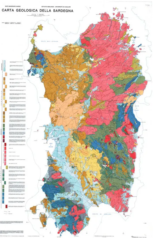Figure 4. Geological map of Sardinia at 1:250,000 scale by Cherchi et al. (1982) .