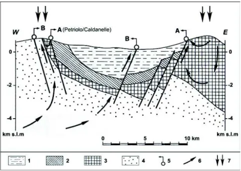 Fig.  7.  Sezione  geologica  schematica  del  Graben  di  Siena-Radicofani  (Panichi  et  al QSHM½GEXE
1 = argille e sabbie prevalenti del ciclo 