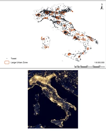 Figure 4: A comparison between Tweets sent at night and large urban zones in  Italy (Source: Ladest 2016).