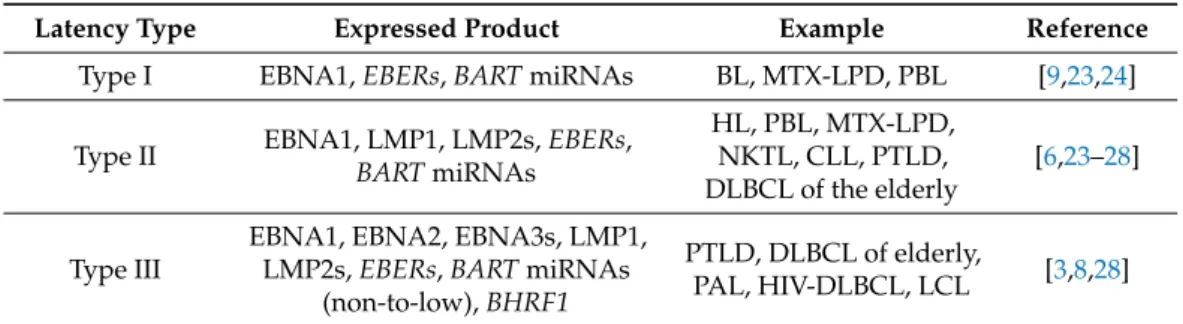 Table 1. Expression patterns of EBV-encoded products in different latency programs with references to selected cancers