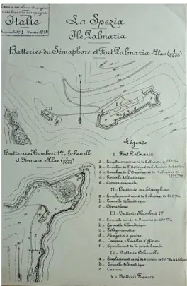 Fig. 4. Forte Palmaria, Batteria del Semaforo e Batteria  (o Torre corazzata) Umberto I, piante del disegno  origi-nale in scala 1:5000 (SHD, 1V M 340).