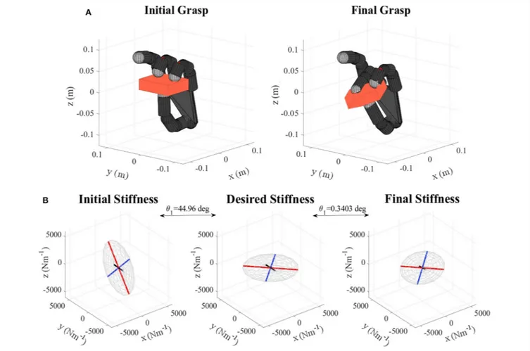 Table 2 shows the obtained values corresponding to these parameters. Results concerning the principal features of grasp stiffness orientation (θ 1 and θ 2 ) are also visually depicted in Figure 4 
