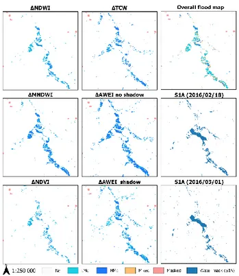 Figure 2 - ΔWrI coeval classifications and overall flood map for  2016/02/13;  Water  masks  obtained  from  S 1A  scenes,  from  2016/02/18 and 2016/03/01