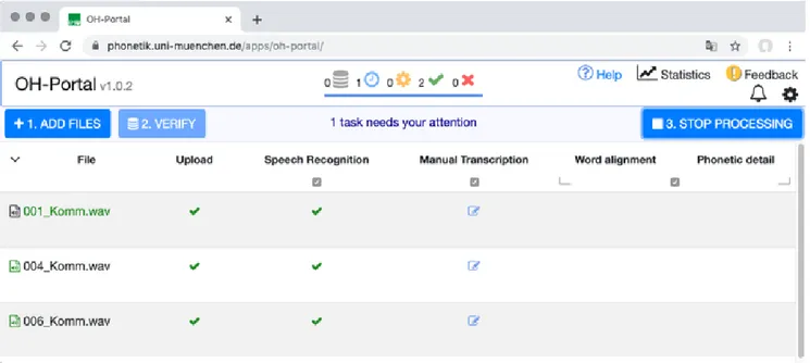 Figure 4. The Octra transcription editor is opened within  the  OH  Portal  web  page  for  manual  correction  of  the  ASR-generated transcript