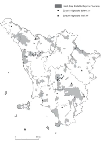 Fig. 1. Mappa della Toscana, rappresentante i confini provinciali, le  aree soggette a vincoli di protezione e le stazioni oggetto di  segnala-zione.