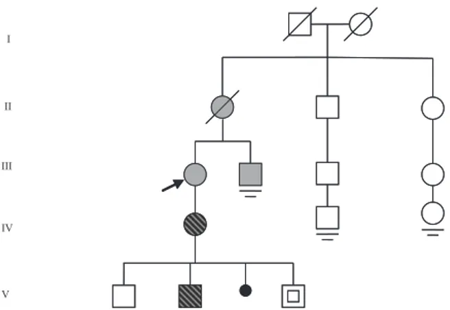 Fig. 1 Pedigree of the family. The arrow indicates the patient who brought the family to our attention (proband)