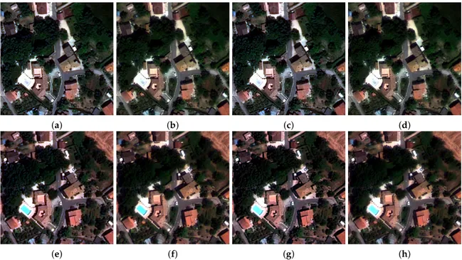Figure 4. True color compositions of 256 × 256 fragments of the GeoEye-1 pansharpened images acquired (a–d) on 27 May 2010 and (e–h) on 13 July 2010