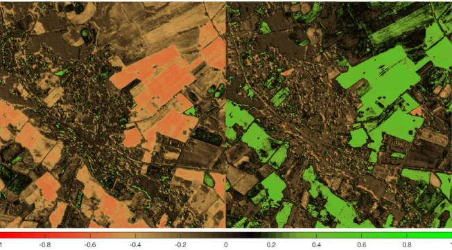 Figure 6. Normalized differential vegetation index (NDVI) of pansharpened images on 27 May 2010 and 13 July 2010