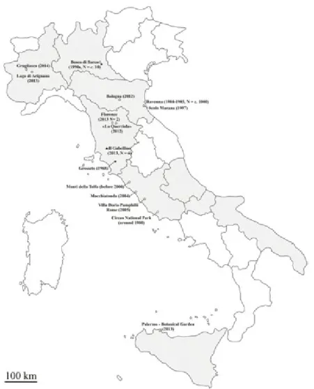 Figure 1. Records of Mauremys spp. in Italy. Grey regions represent those including at least one record