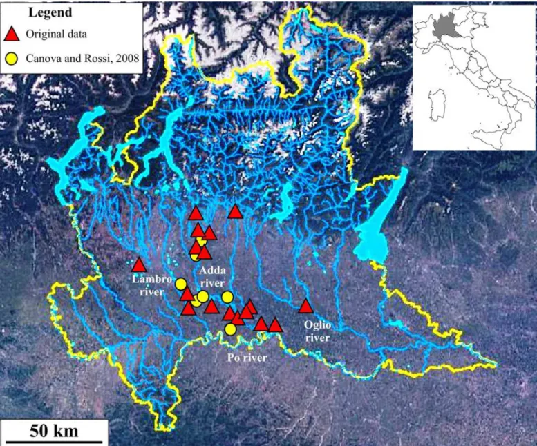 Figure 2 – Current distribution of Northern raccoon in Lombardy (red triangles), with respect to the first detection (yellow circles: Canova and Rossi, 2008)