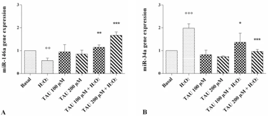 Figure 5. Evaluation of gene expression of miR-146a (A) and miR-34a (B) by real-time PCR