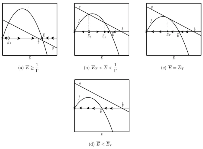 Figure 1: Dynamic regimes in the context η &lt; η 0 , obtained by varying the carrying capacity E